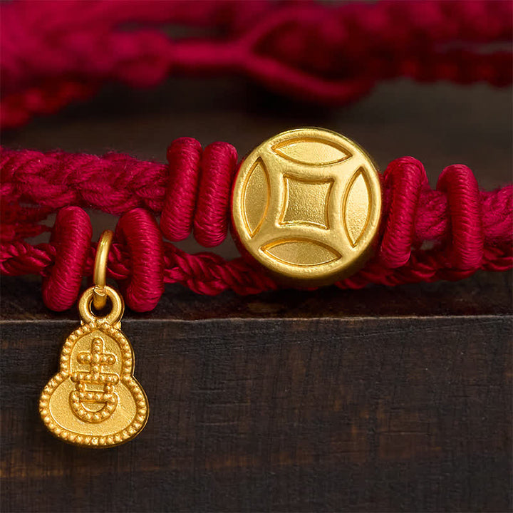 Buddha Stones Pulsera de doble hebra roja con colgante de calabaza y moneda china de aleación - image 3