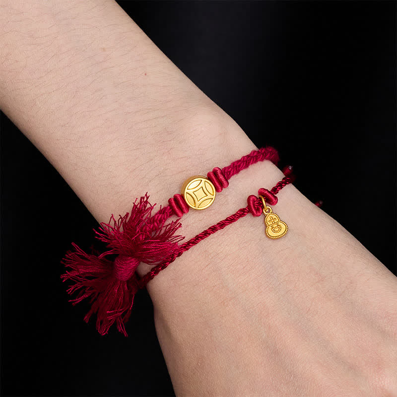 Buddha Stones Pulsera de doble hebra roja con colgante de calabaza y moneda china de aleación - image 2