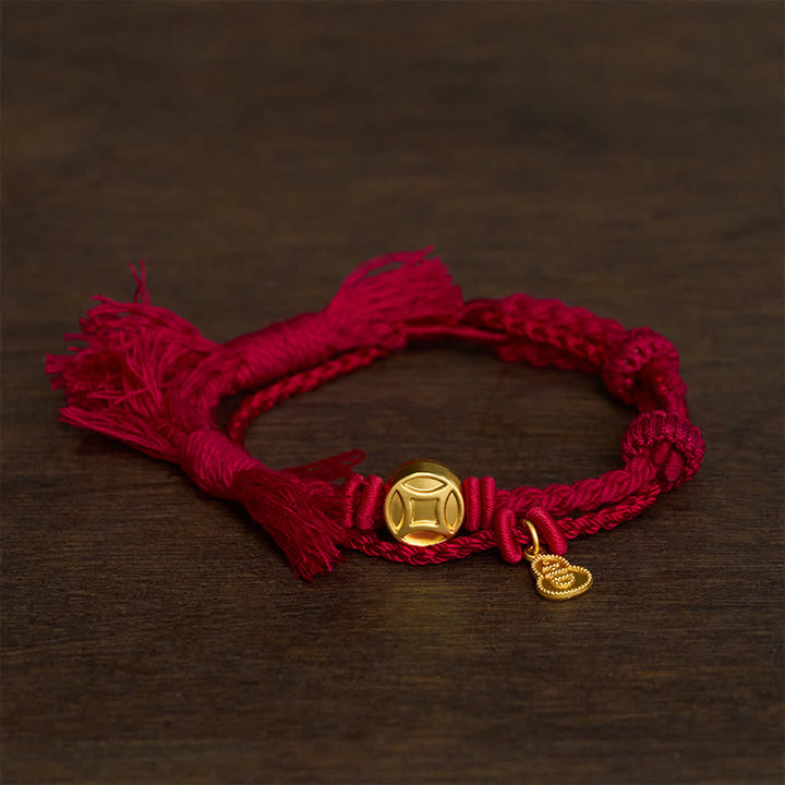 Buddha Stones Pulsera de doble hebra roja con colgante de calabaza y moneda china de aleación - vino tinto - image 0
