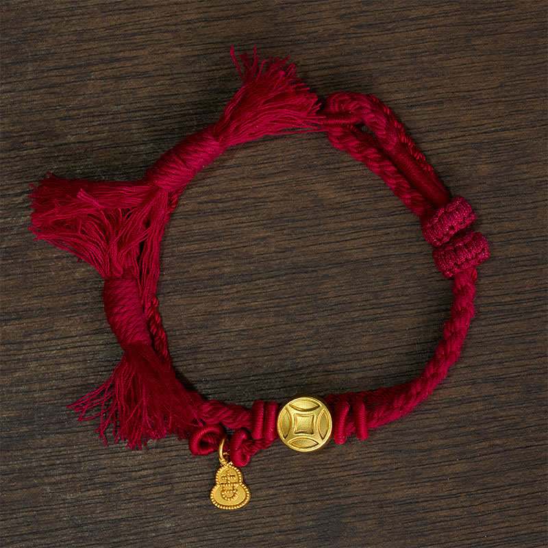 Buddha Stones Pulsera de doble hebra roja con colgante de calabaza y moneda china de aleación - image 1