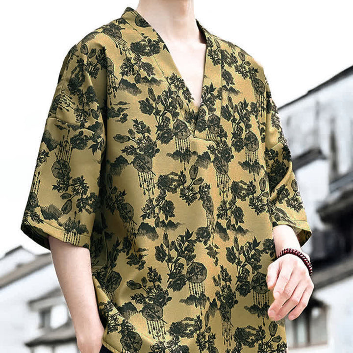Buddha Stones Camisetas de manga corta para hombre con cuello en V y estampado floral estilo Tang, ideales para el verano. - image 17
