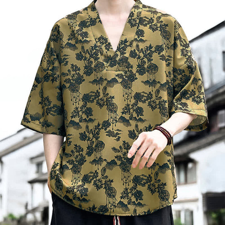 Buddha Stones Camisetas de manga corta para hombre con cuello en V y estampado floral estilo Tang, ideales para el verano. - image 12
