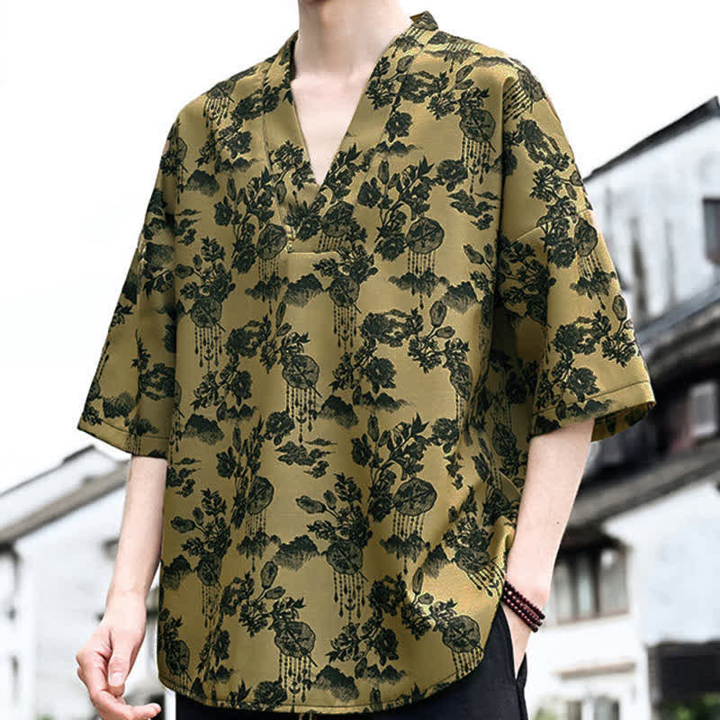 Buddha Stones Camisetas de manga corta para hombre con cuello en V y estampado floral estilo Tang, ideales para el verano. - image 14