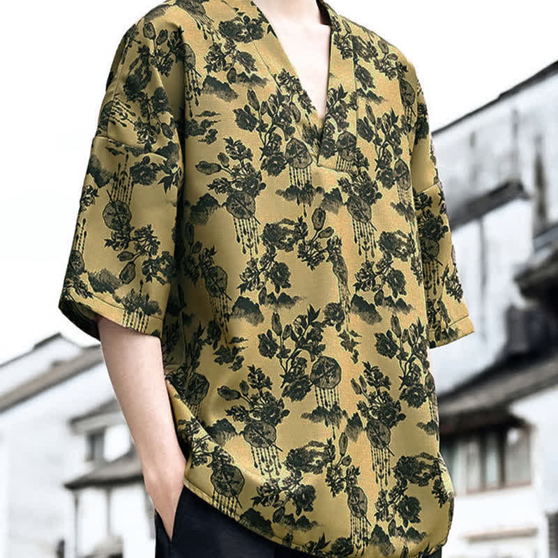 Buddha Stones Camisetas de manga corta para hombre con cuello en V y estampado floral estilo Tang, ideales para el verano. - image 16