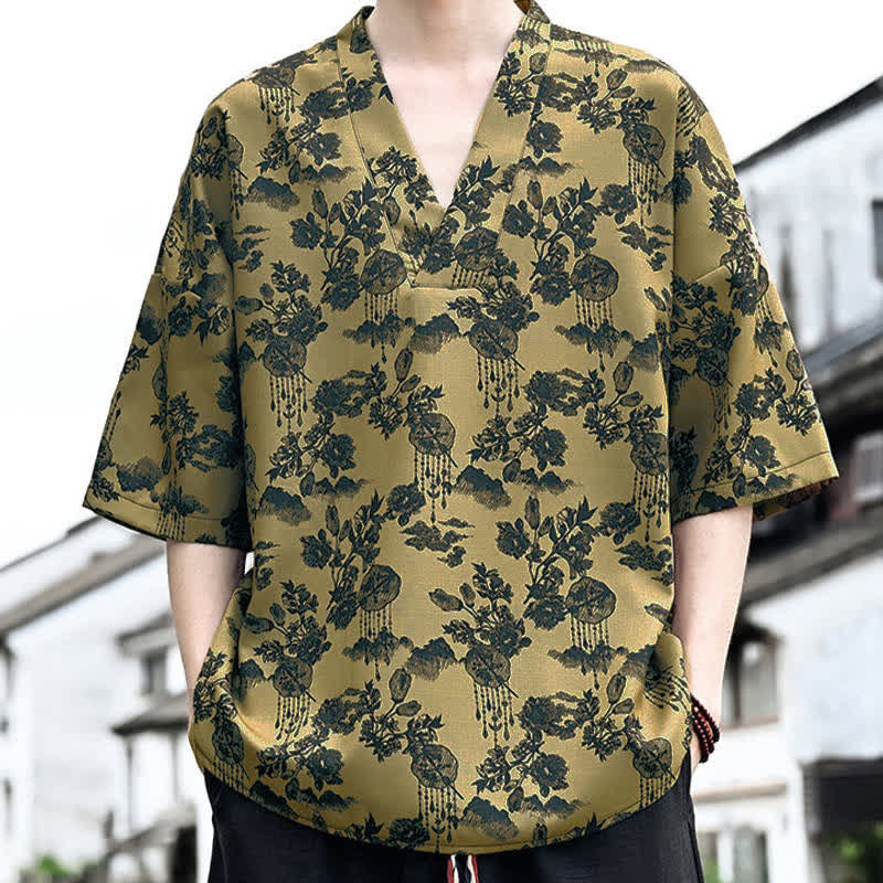 Buddha Stones Camisetas de manga corta para hombre con cuello en V y estampado floral estilo Tang, ideales para el verano. - image 15