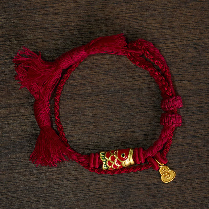 Buddha Stones Colgante de aleación con forma de calabaza y pez koi, estilo retro, pulsera de doble hebra - image 1
