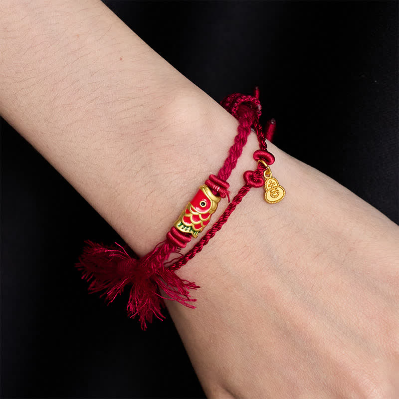 Buddha Stones Colgante de aleación con forma de calabaza y pez koi, estilo retro, pulsera de doble hebra - image 2