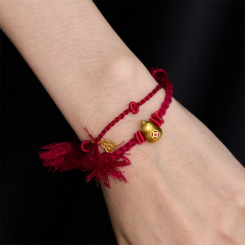 Buddha Stones Colgante de calabaza con forma de moneda china de aleación, pulsera de doble hebra de hilo rojo que simboliza la riqueza. - image 2