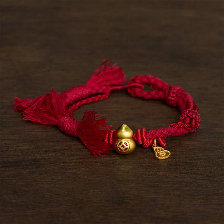 Buddha Stones Colgante de calabaza con forma de moneda china de aleación, pulsera de doble hebra de hilo rojo que simboliza la riqueza. - vino tinto - image 0