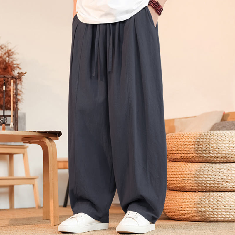 Buddha Stones Pantalones tobilleros de algodón liso, estilo casual de verano, minimalistas, con cordón ajustable, para hombre, de pierna recta y con bolsillo. - image 1