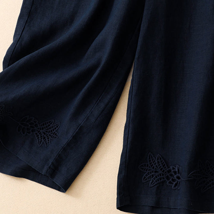 Buddha Stones Pantalones tobilleros lisos de verano con bordado calado en el bajo y bolsillos para mujer. - image 6