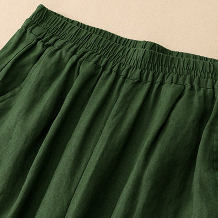 Buddha Stones Pantalones tobilleros lisos de verano con bordado calado en el bajo y bolsillos para mujer. - image 1