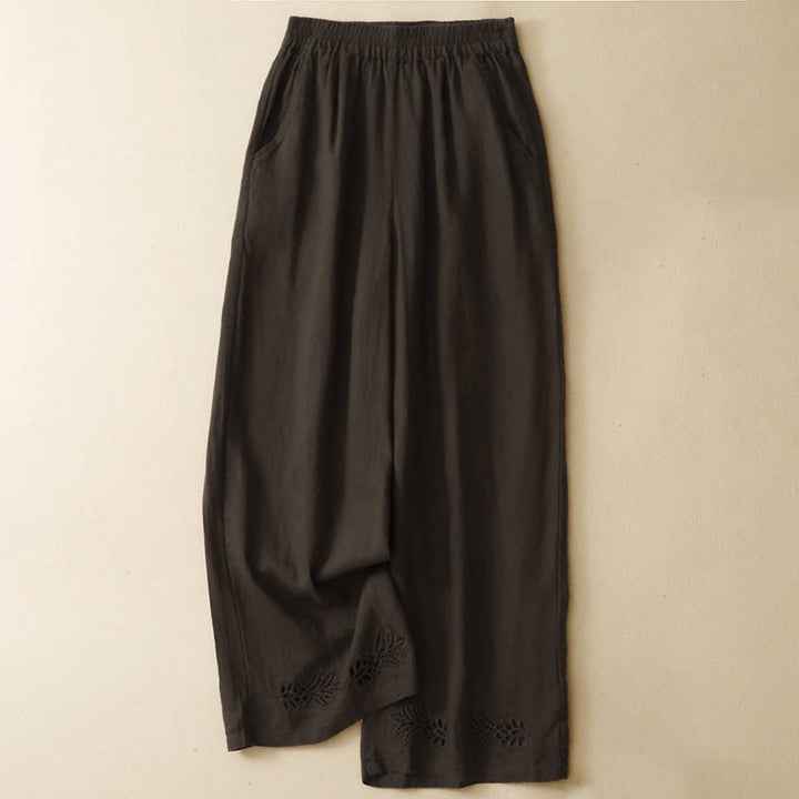 Buddha Stones Pantalones tobilleros lisos de verano con bordado calado en el bajo y bolsillos para mujer. - Marrón silla de montar - US8-10, UK/AU12-14, EU40-42 (2XL) - image 8