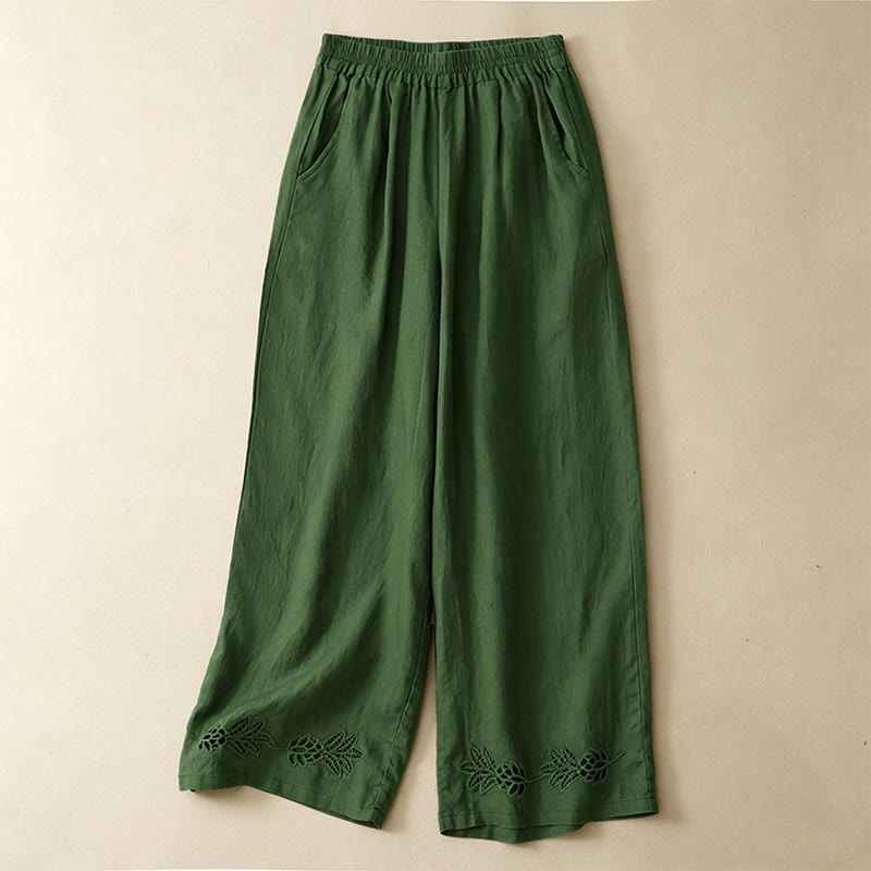 Buddha Stones Pantalones tobilleros lisos de verano con bordado calado en el bajo y bolsillos para mujer. - Verde oliva - US8-10, UK/AU12-14, EU40-42 (2XL) - image 0
