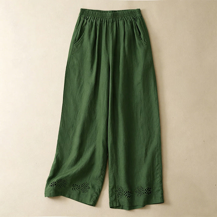 Buddha Stones Pantalones tobilleros lisos de verano con bordado calado en el bajo y bolsillos para mujer. - Verde oliva - US8-10, UK/AU12-14, EU40-42 (2XL) - image 0