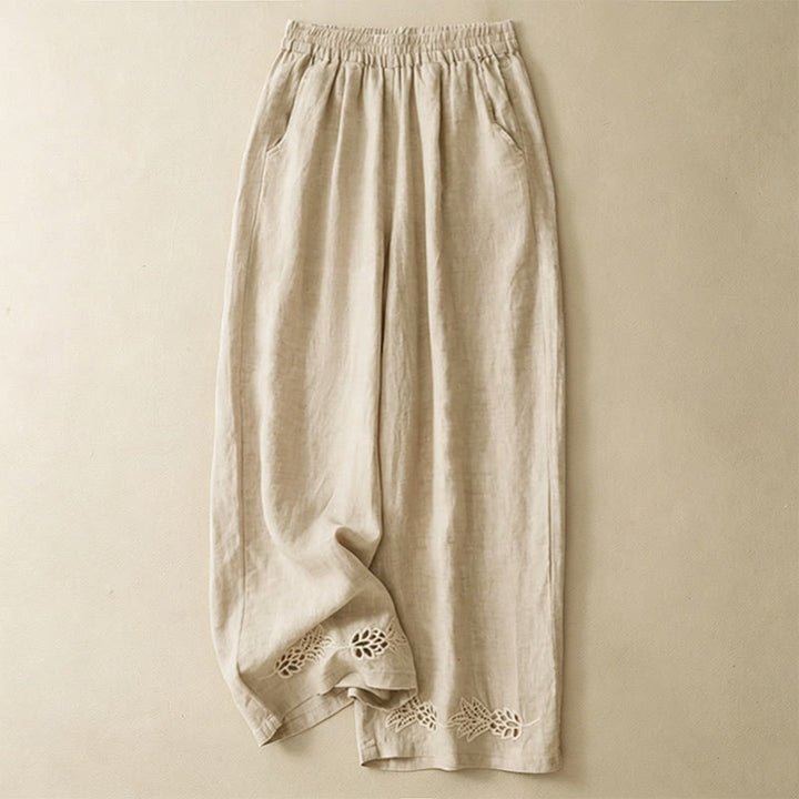 Buddha Stones Pantalones tobilleros lisos de verano con bordado calado en el bajo y bolsillos para mujer. - Beige - US8-10, UK/AU12-14, EU40-42 (2XL) - image 11