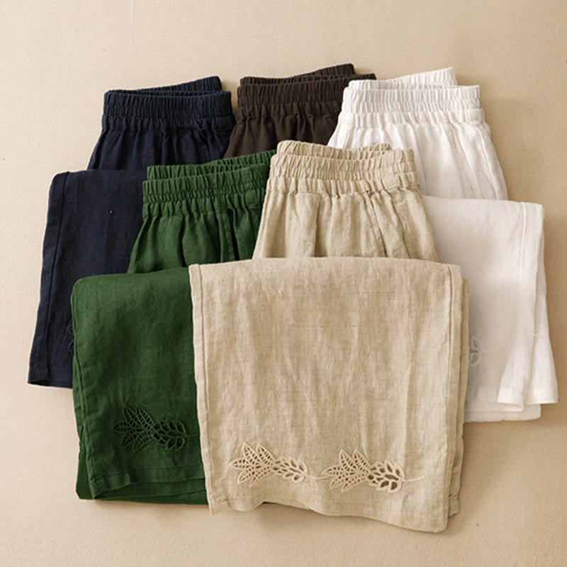 Buddha Stones Pantalones tobilleros lisos de verano con bordado calado en el bajo y bolsillos para mujer. - image 22