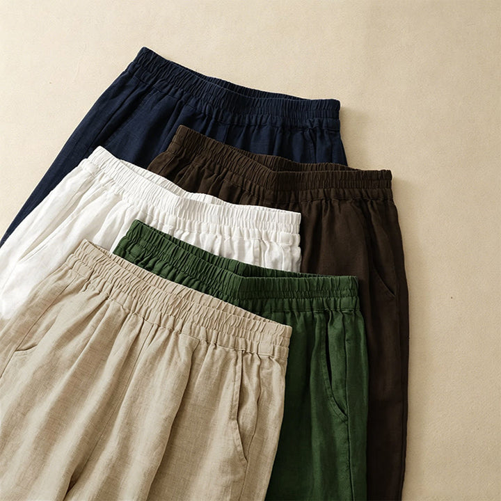 Buddha Stones Pantalones tobilleros lisos de verano con bordado calado en el bajo y bolsillos para mujer. - image 23