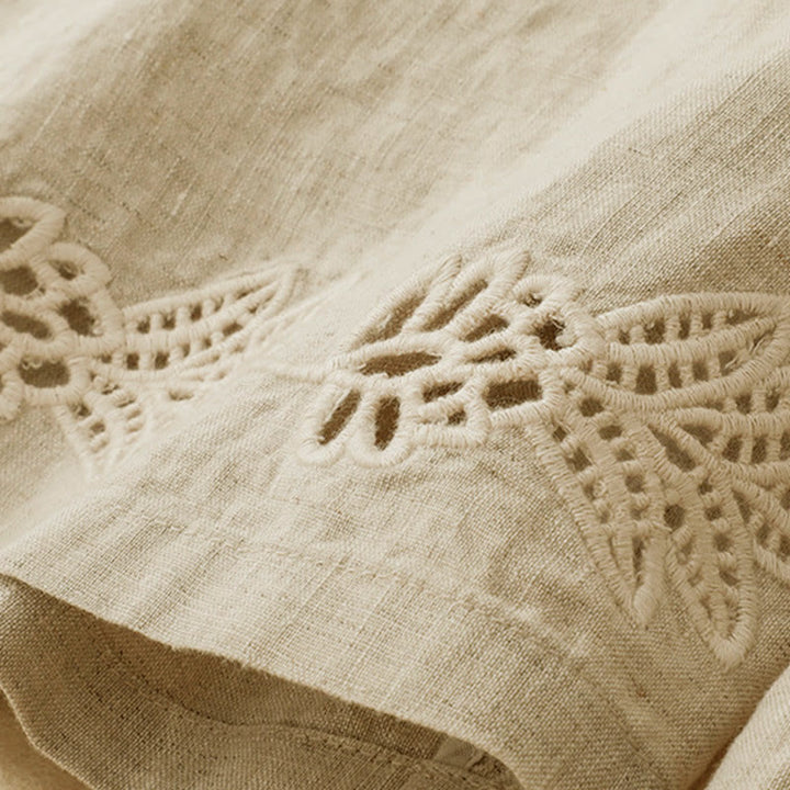 Buddha Stones Pantalones tobilleros lisos de verano con bordado calado en el bajo y bolsillos para mujer. - image 16