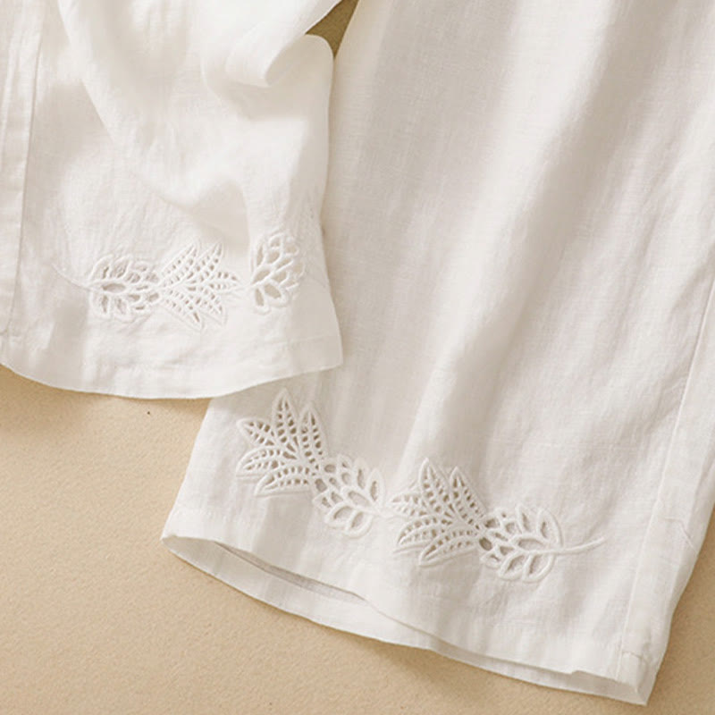 Buddha Stones Pantalones tobilleros lisos de verano con bordado calado en el bajo y bolsillos para mujer. - image 20
