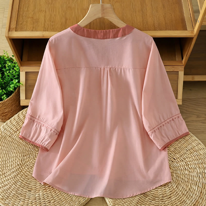 Buddha Stones Camisa de manga corta para mujer, estilo casual veraniego vintage, con botones y costura decorativa. - image 1