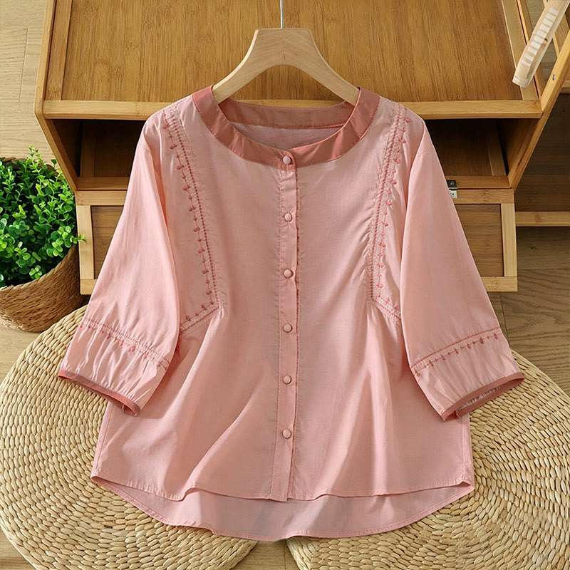 Buddha Stones Camisa de manga corta para mujer, estilo casual veraniego vintage, con botones y costura decorativa. - rosa claro - US8-10, UK/AU12-14, EU40-42 (2XL) - image 0