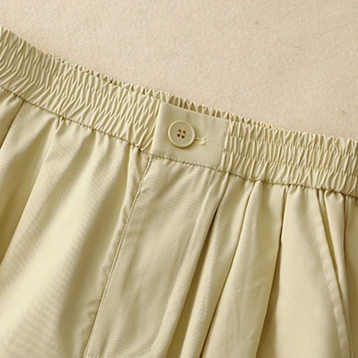 Buddha Stones Pantalones cortos de verano elegantes con botones, cremallera, diseño liso, volantes en el bajo, estilo harem para mujer con bolsillo. - image 2