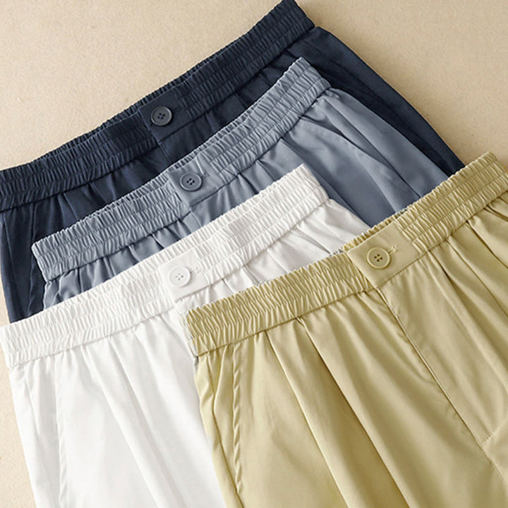Buddha Stones Pantalones cortos de verano elegantes con botones, cremallera, diseño liso, volantes en el bajo, estilo harem para mujer con bolsillo. - image 25