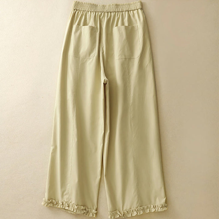 Buddha Stones Pantalones cortos de verano elegantes con botones, cremallera, diseño liso, volantes en el bajo, estilo harem para mujer con bolsillo. - image 1