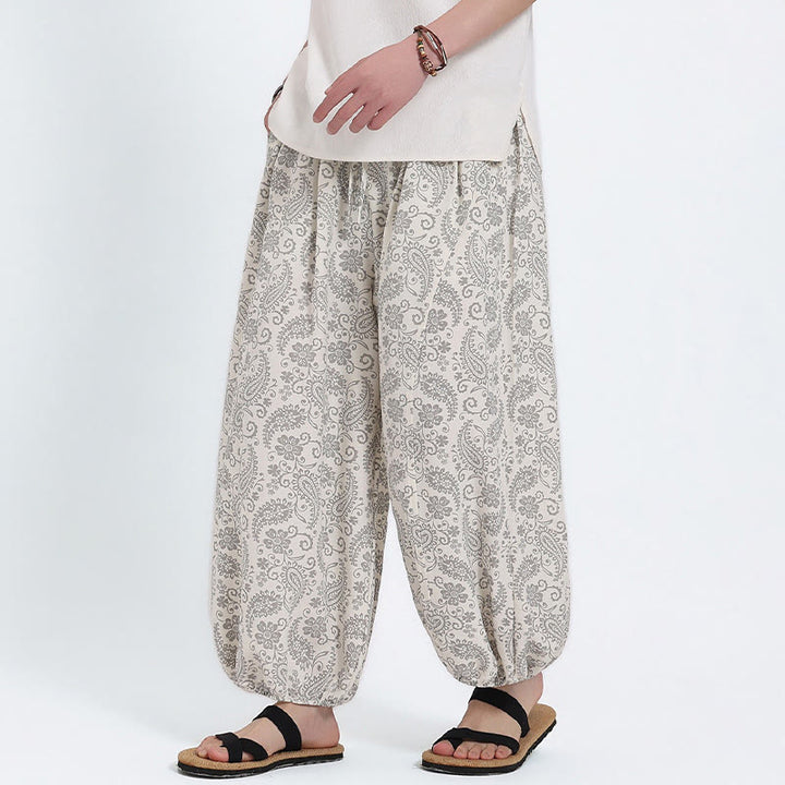 Buddha Stones Pantalones capri de verano estilo boho casual con cordón y estampado paisley para hombre, estilo harem con bolsillo. - Blanco - US/UK/AU46, EU56 (5XL) - image 21