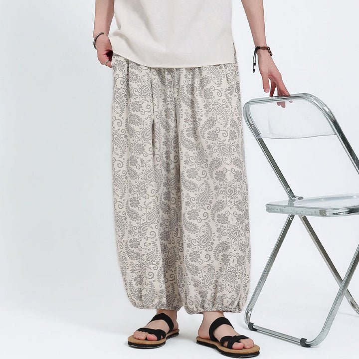 Buddha Stones Pantalones capri de verano estilo boho casual con cordón y estampado paisley para hombre, estilo harem con bolsillo. - image 27