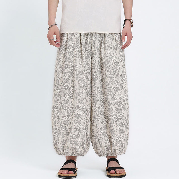 Buddha Stones Pantalones capri de verano estilo boho casual con cordón y estampado paisley para hombre, estilo harem con bolsillo. - image 22