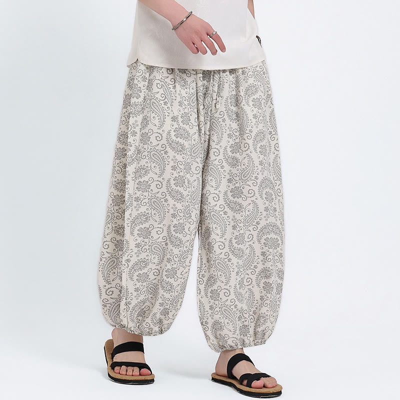 Buddha Stones Pantalones capri de verano estilo boho casual con cordón y estampado paisley para hombre, estilo harem con bolsillo. - image 23