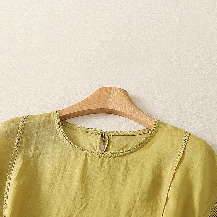 Buddha Stones Camiseta de manga corta para mujer, estilo casual de verano, sencilla, con cordón ajustable y bajo elástico, confeccionada en ramio liso. - image 10