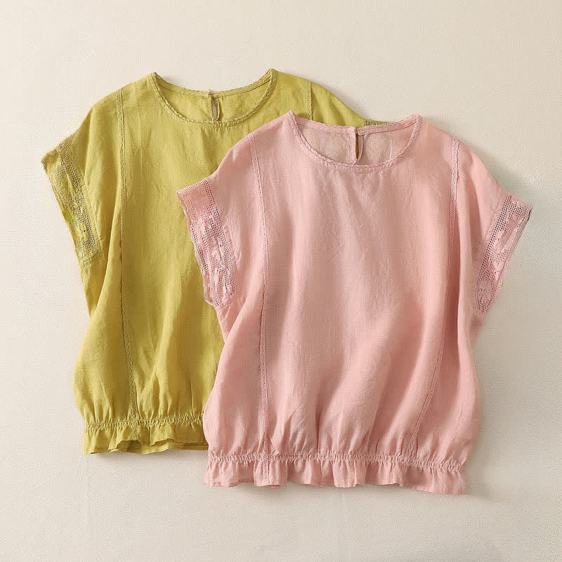 Buddha Stones Camiseta de manga corta para mujer, estilo casual de verano, sencilla, con cordón ajustable y bajo elástico, confeccionada en ramio liso. - image 13
