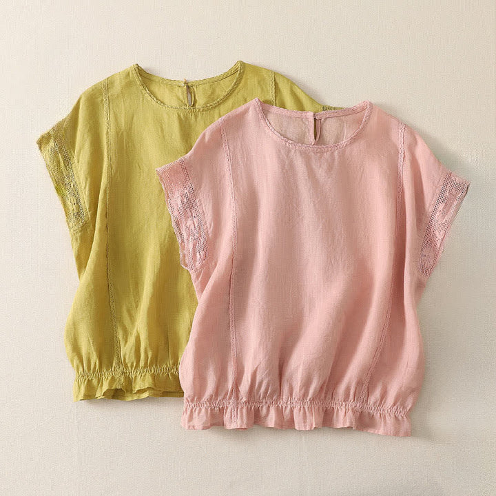 Buddha Stones Camiseta de manga corta para mujer, estilo casual de verano, sencilla, con cordón ajustable y bajo elástico, confeccionada en ramio liso. - image 13