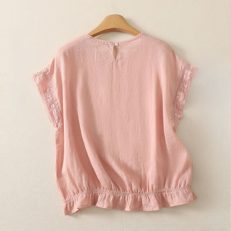 Buddha Stones Camiseta de manga corta para mujer, estilo casual de verano, sencilla, con cordón ajustable y bajo elástico, confeccionada en ramio liso. - image 1