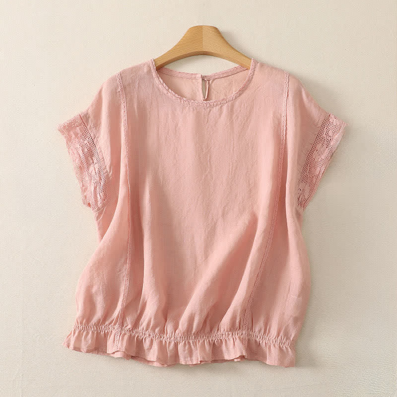 Buddha Stones Camiseta de manga corta para mujer, estilo casual de verano, sencilla, con cordón ajustable y bajo elástico, confeccionada en ramio liso. - rosa claro - US12, UK/AU16, EU44 (3XL) - image 0