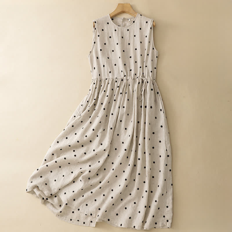 Buddha Stones Vestido de verano informal vintage con cordón ajustable, estampado de lunares, cuello redondo y sin mangas para mujer. - Blanco - US8-10, UK/AU12-14, EU40-42 (2XL) - image 0