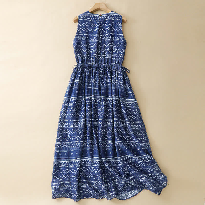 Buddha Stones Vestido de verano bohemio informal azul con estampado geométrico ondulado para mujer, sin mangas y con bolsillo. - image 1