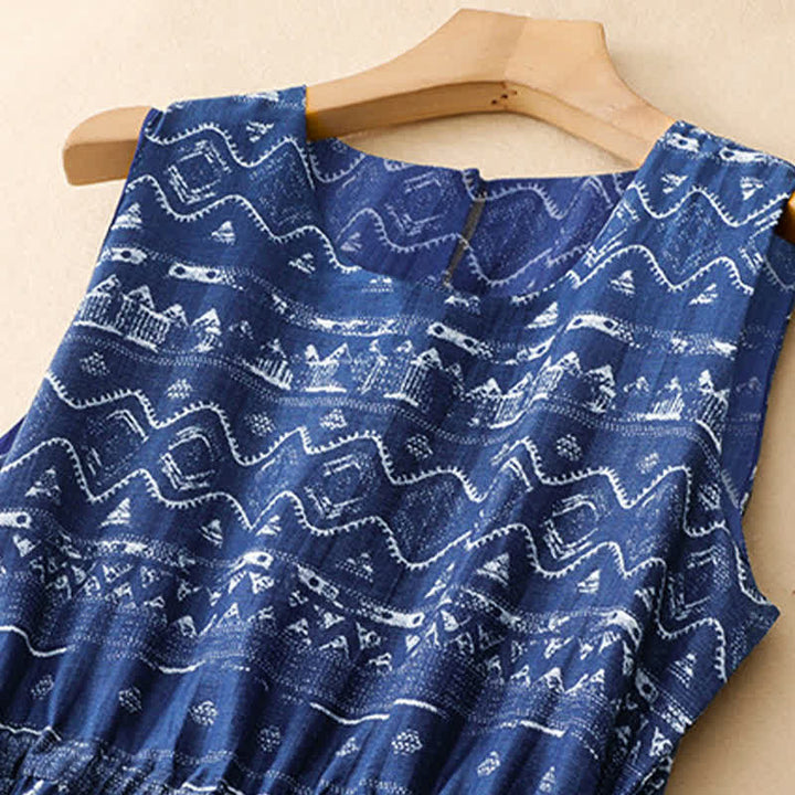 Buddha Stones Vestido de verano bohemio informal azul con estampado geométrico ondulado para mujer, sin mangas y con bolsillo. - image 3