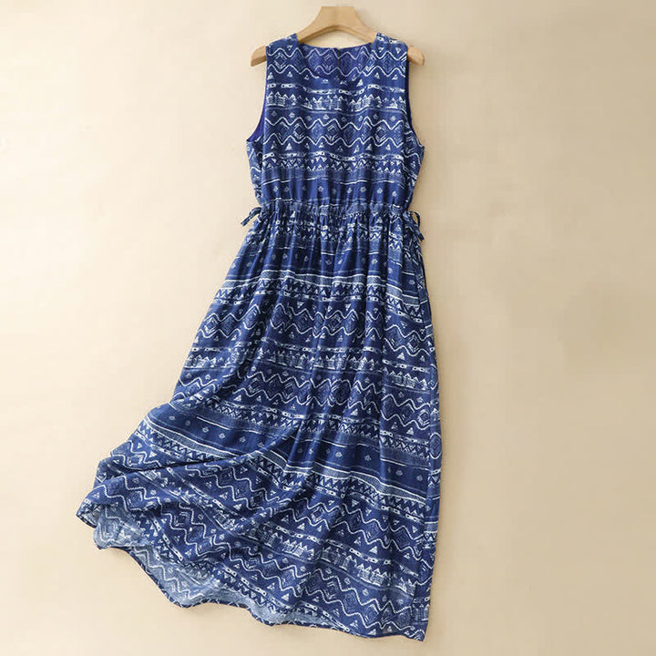 Buddha Stones Vestido de verano bohemio informal azul con estampado geométrico ondulado para mujer, sin mangas y con bolsillo. - Azul oscuro - US12, UK/AU16, EU44 (2XL) - image 0