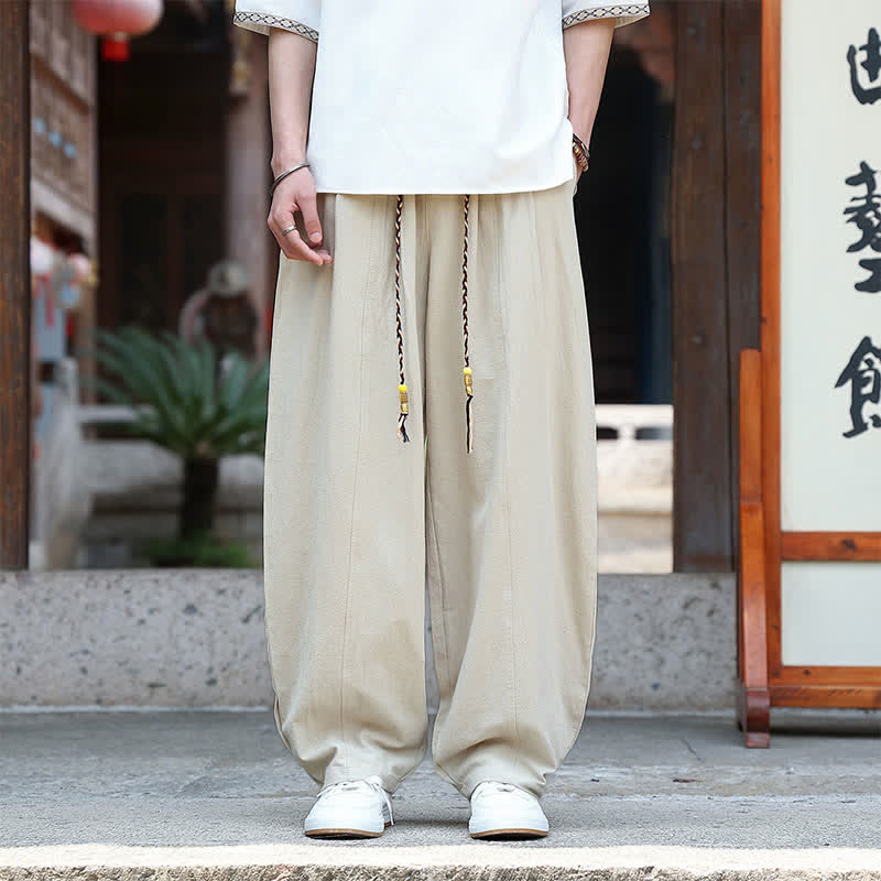 Buddha Stones Pantalones de verano informales minimalistas con cordón ajustable, color liso, hasta el tobillo, para hombre, pierna recta, con bolsillos. - Beige - US/UK/AU46, EU56 (5XL) - image 0
