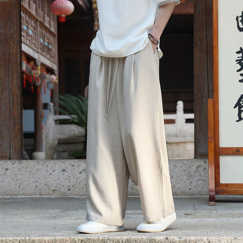 Buddha Stones Pantalones de verano informales minimalistas con cordón ajustable en la cintura elástica, color liso, hasta el tobillo, para hombre, pierna recta, con bolsillo. - Beige - US/UK/AU46, EU56 (5XL) - image 0