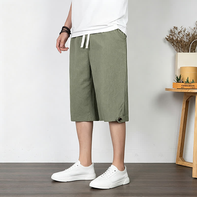 Buddha Stones Pantalones cortos de verano informales minimalistas con cordón ajustable, color liso, para hombre, pierna recta, con bolsillo. - image 1