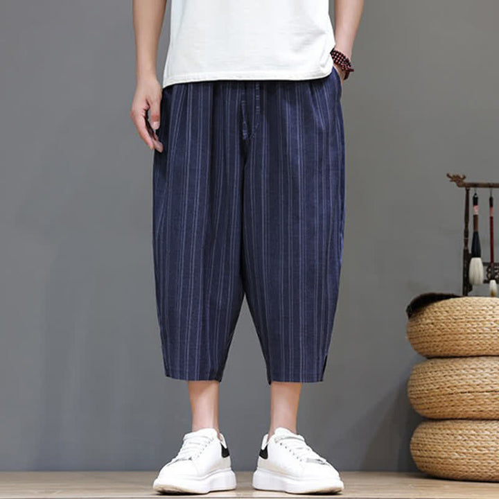 Buddha Stones Pantalones capri de verano informales con cordón y rayas, pantalones harem para hombre con bolsillo. - image 22