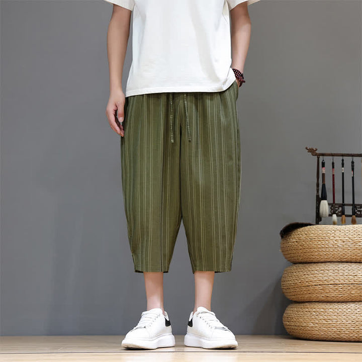 Buddha Stones Pantalones capri de verano informales con cordón y rayas, pantalones harem para hombre con bolsillo. - Verde oliva oscuro - US/UK/AU46, EU56 (5XL) - image 26