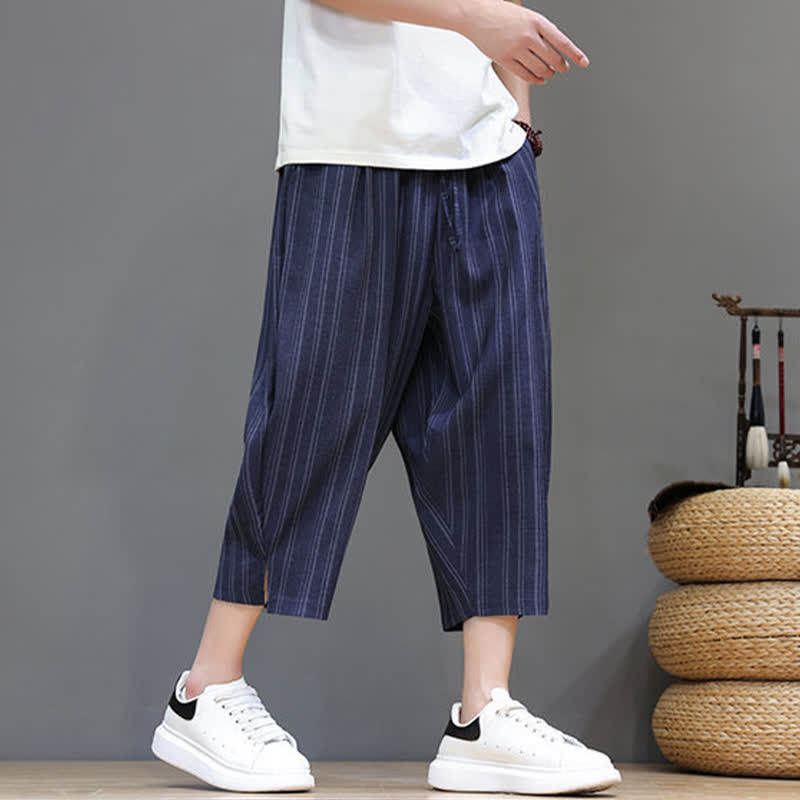 Buddha Stones Pantalones capri de verano informales con cordón y rayas, pantalones harem para hombre con bolsillo. - image 19