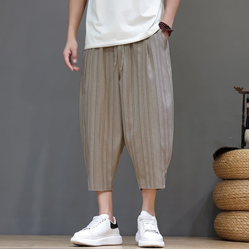 Buddha Stones Pantalones capri de verano informales con cordón y rayas, pantalones harem para hombre con bolsillo. - image 5