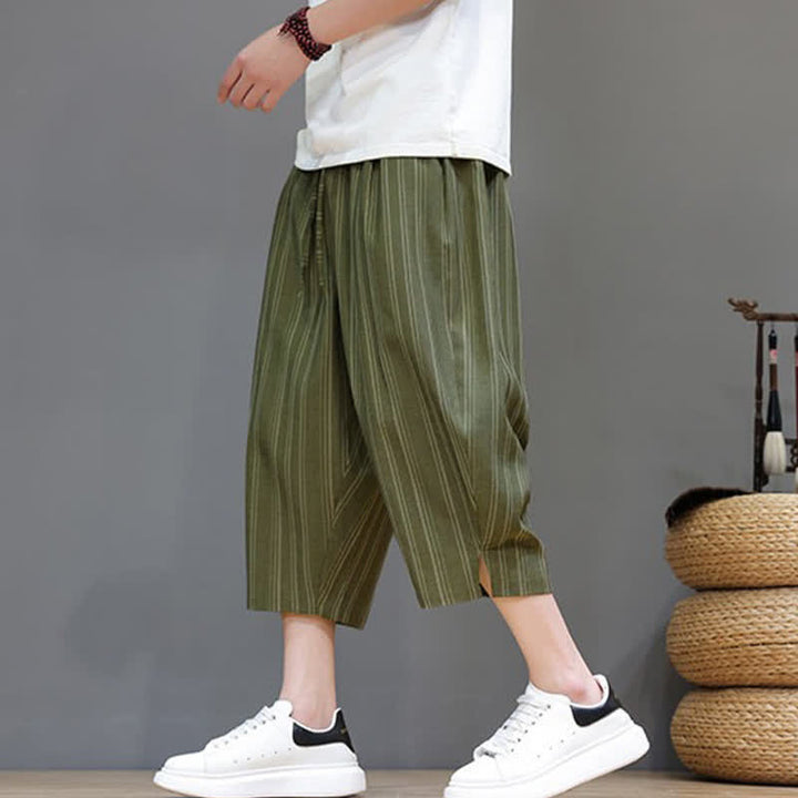 Buddha Stones Pantalones capri de verano informales con cordón y rayas, pantalones harem para hombre con bolsillo. - image 27